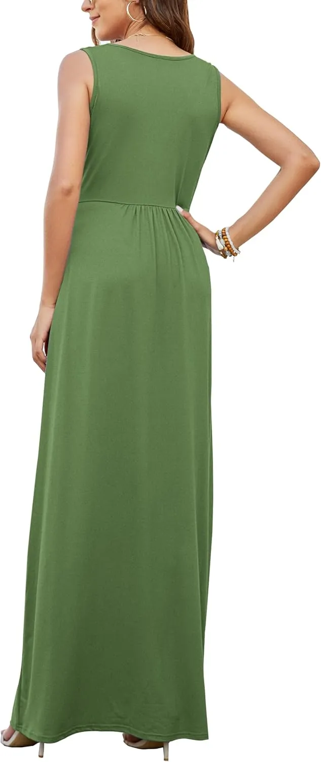 AUSELILY Women's Sleeveless Formal Dress Deep V Neck Loose Plain Cocktail Long Maxi Dresses with Pockets 2025 New