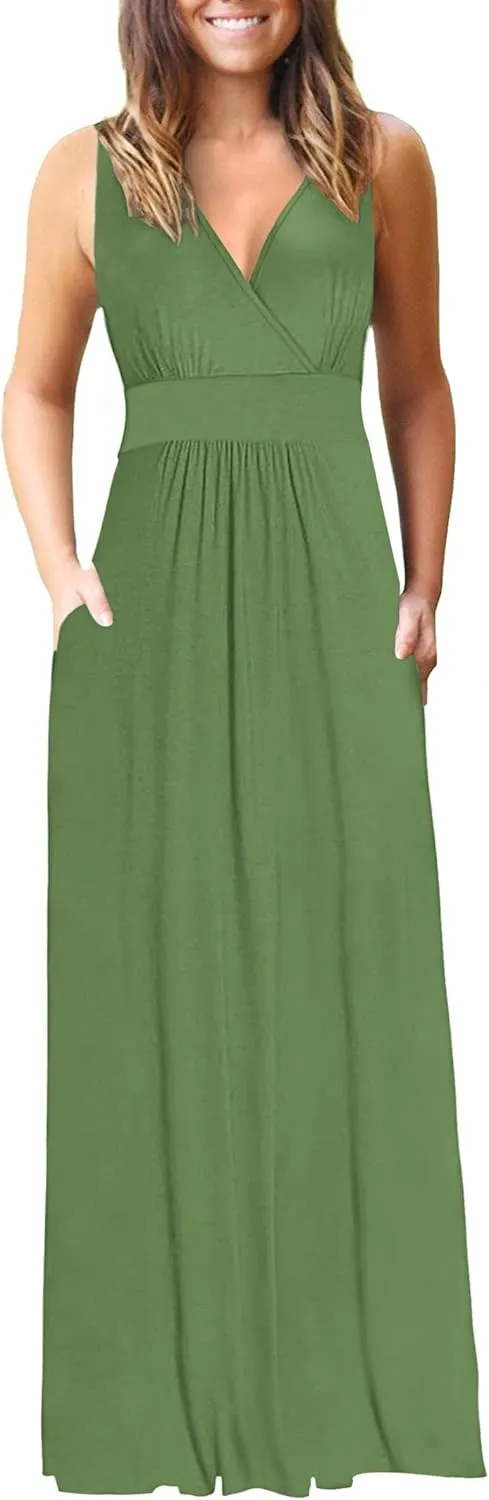 AUSELILY Women's Sleeveless Formal Dress Deep V Neck Loose Plain Cocktail Long Maxi Dresses with Pockets 2025 New