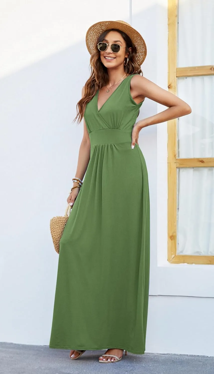 AUSELILY Women's Sleeveless Formal Dress Deep V Neck Loose Plain Cocktail Long Maxi Dresses with Pockets 2025 New