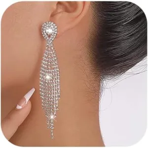 Denifery Teardrop Crystal Chandelier Earrings Long Tassels Dangle Earrings Sparkling Rhinestone Ladies Gifts Statement Earrings Bridal Wedding (Silver)