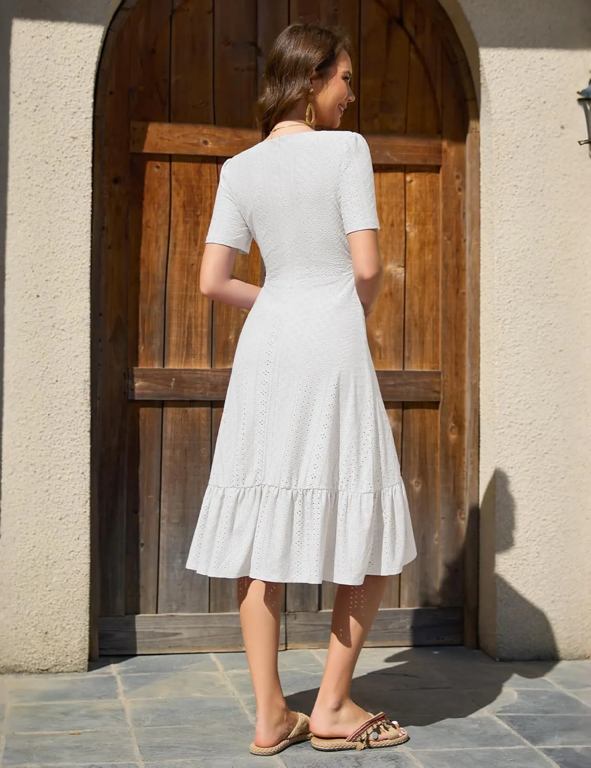 Dressystar Women Eyelet Summer Dress Short Sleeve V Neck Ruffle Wrap Spring Wedding Guest Sun Vacation Midi Casual Dresses