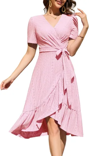 Dressystar Women Eyelet Summer Dress Short Sleeve V Neck Ruffle Wrap Spring Wedding Guest Sun Vacation Midi Casual Dresses