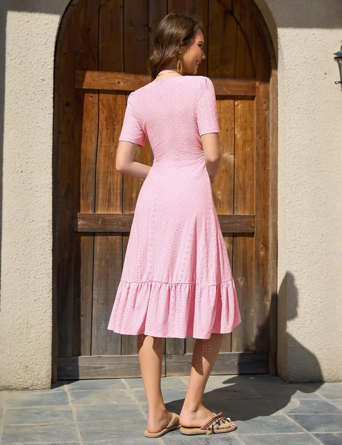 Dressystar Women Eyelet Summer Dress Short Sleeve V Neck Ruffle Wrap Spring Wedding Guest Sun Vacation Midi Casual Dresses