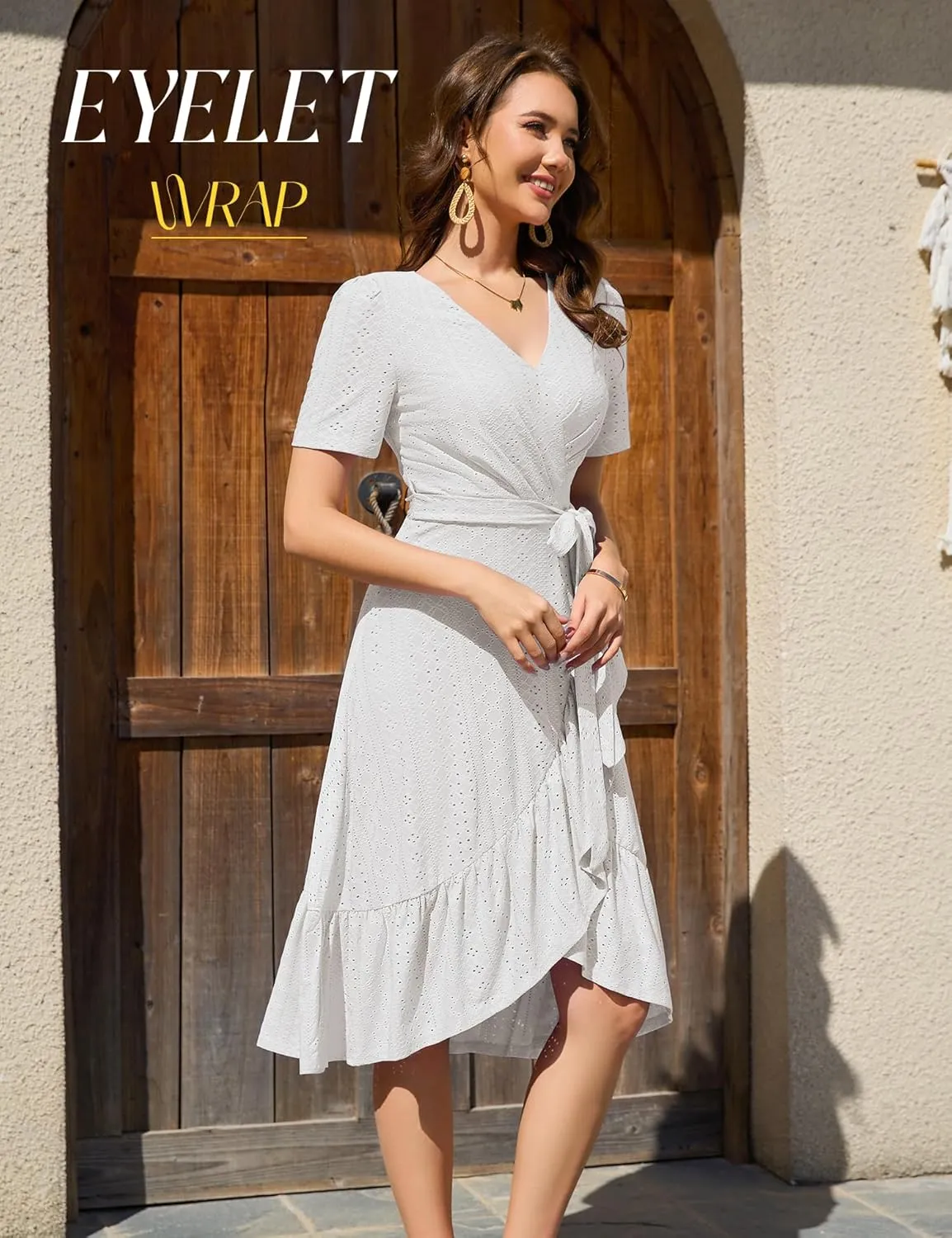 Dressystar Women Eyelet Summer Dress Short Sleeve V Neck Ruffle Wrap Spring Wedding Guest Sun Vacation Midi Casual Dresses