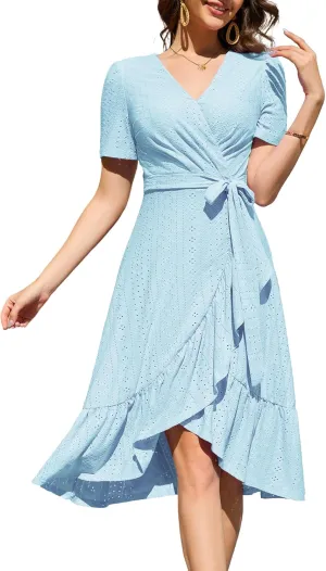 Dressystar Women Eyelet Summer Dress Short Sleeve V Neck Ruffle Wrap Spring Wedding Guest Sun Vacation Midi Casual Dresses