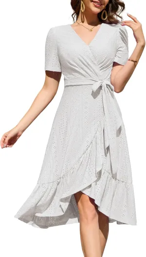 Dressystar Women Eyelet Summer Dress Short Sleeve V Neck Ruffle Wrap Spring Wedding Guest Sun Vacation Midi Casual Dresses