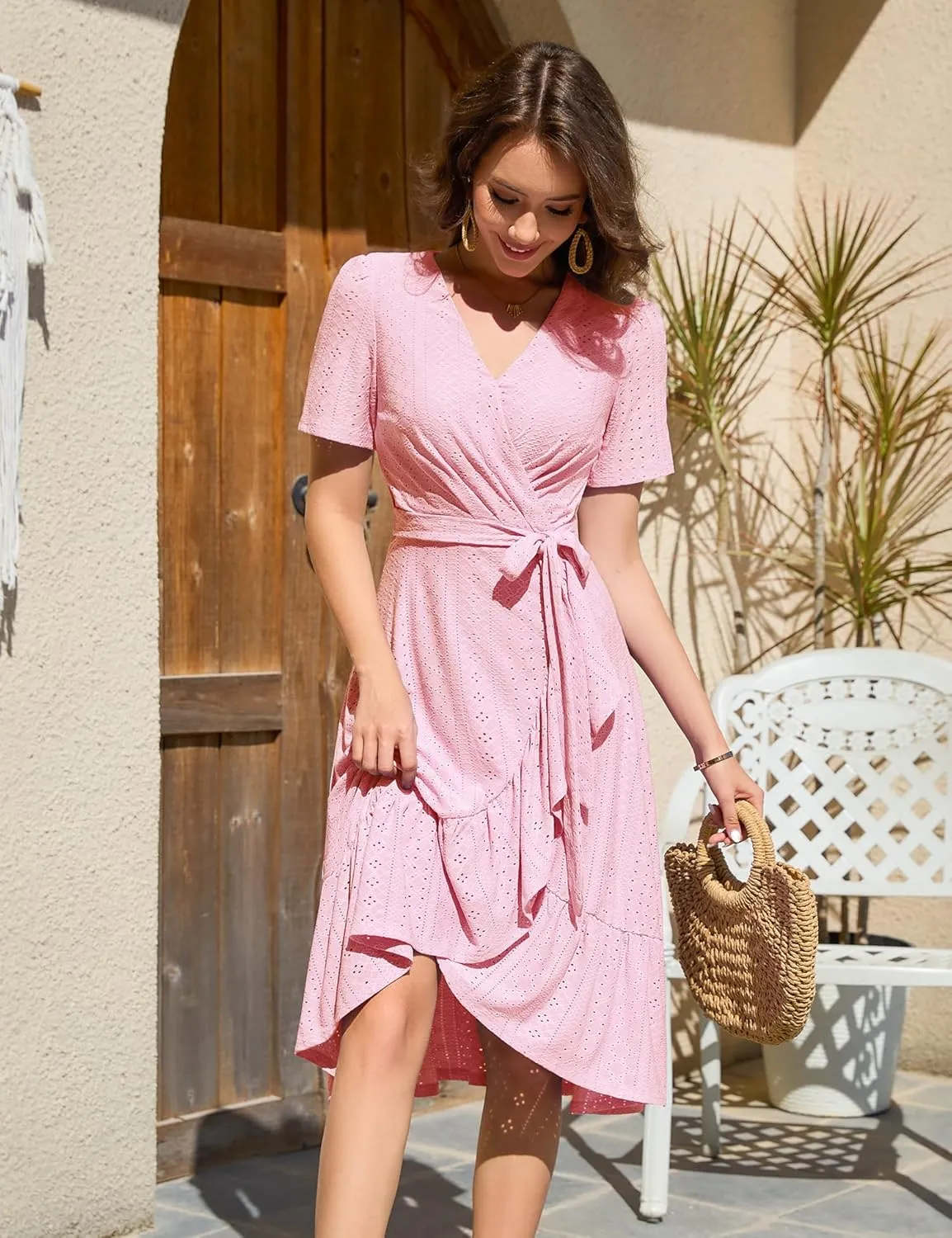 Dressystar Women Eyelet Summer Dress Short Sleeve V Neck Ruffle Wrap Spring Wedding Guest Sun Vacation Midi Casual Dresses