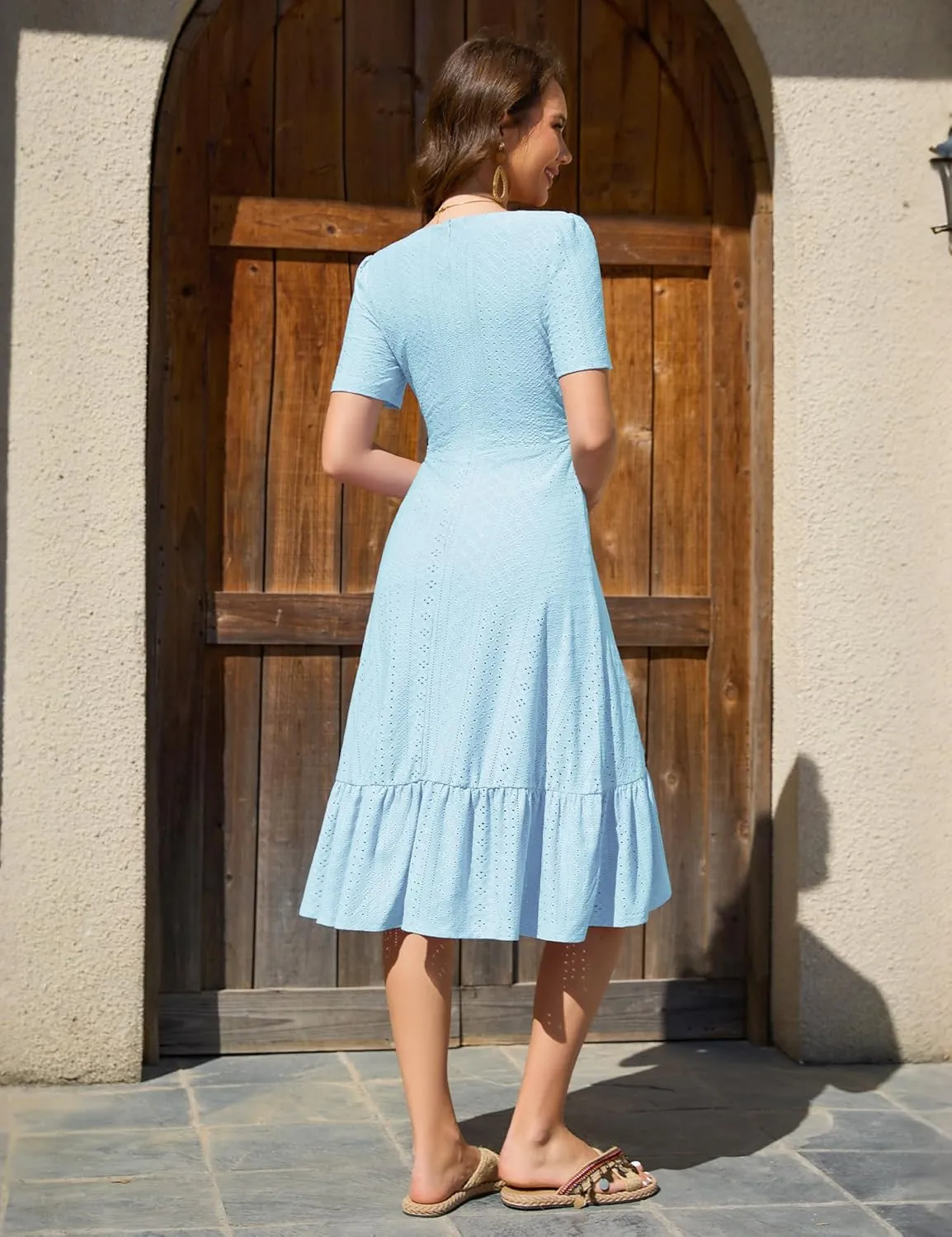Dressystar Women Eyelet Summer Dress Short Sleeve V Neck Ruffle Wrap Spring Wedding Guest Sun Vacation Midi Casual Dresses