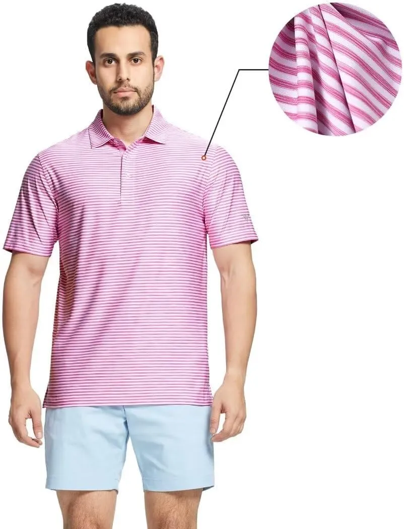 M MAELREG Golf Polo Shirts for Men Short Sleeve Dry Fit Striped Performance Moisture Wicking Collared Casual Mens Golf Shirt