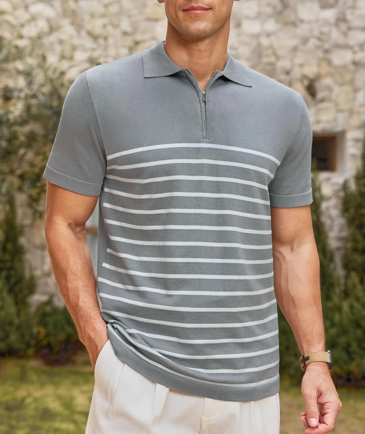Mens Knit Polo Shirts Short Sleeve Vintage Striped T Shirts Zipper Collared Lightweight Golf Shirt
