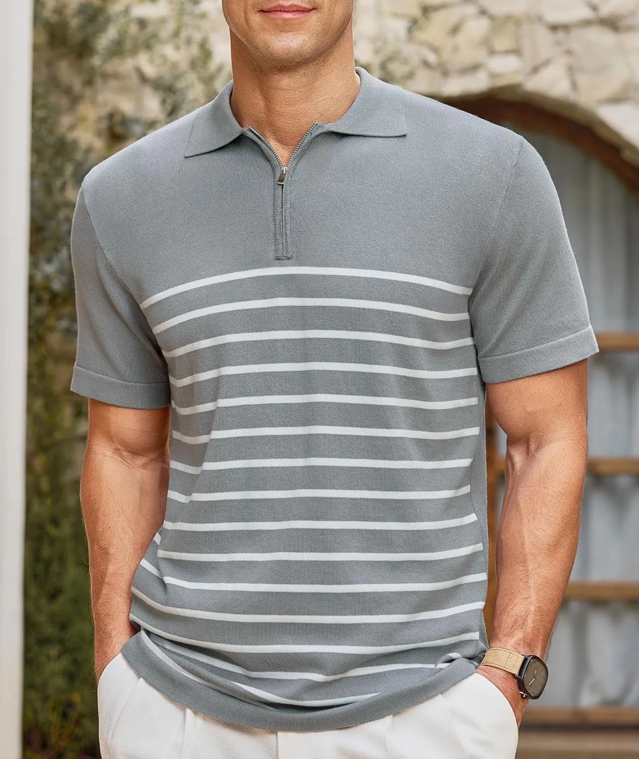 Mens Knit Polo Shirts Short Sleeve Vintage Striped T Shirts Zipper Collared Lightweight Golf Shirt