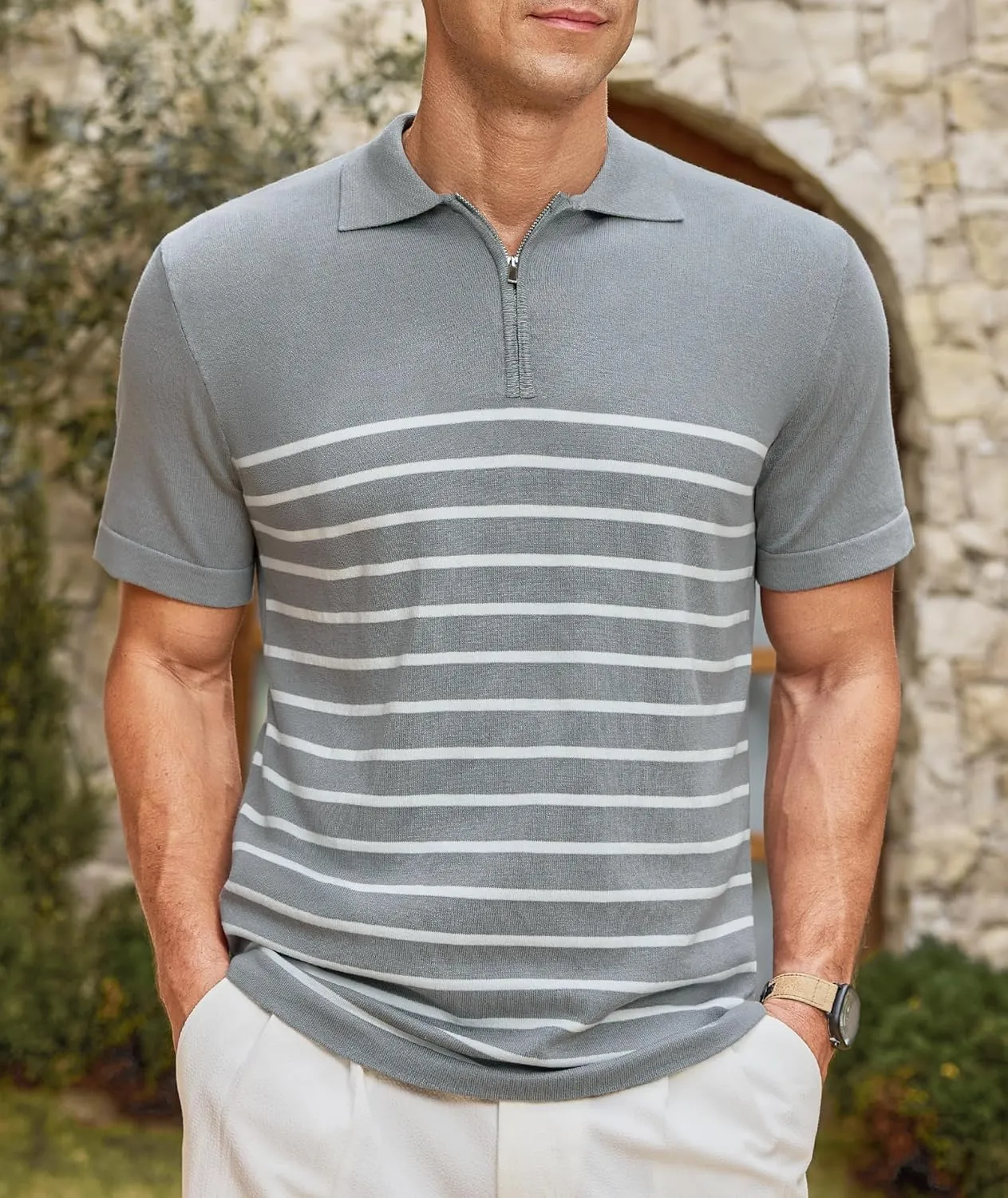 Mens Knit Polo Shirts Short Sleeve Vintage Striped T Shirts Zipper Collared Lightweight Golf Shirt