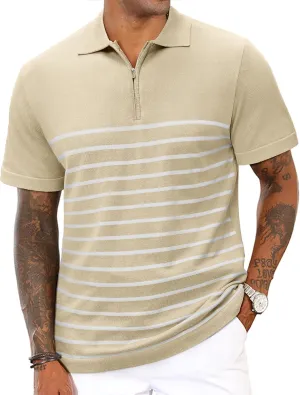 Mens Knit Polo Shirts Short Sleeve Vintage Striped T Shirts Zipper Collared Lightweight Golf Shirt