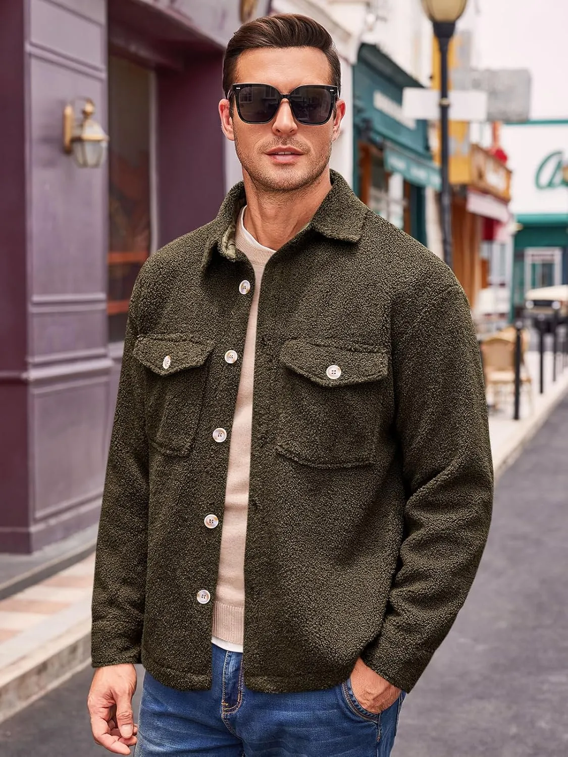 Runcati Mens Fuzzy Sherpa Fleece Jacket Casual Button Down Shacket Winter Lightweight Outwear with Pocket