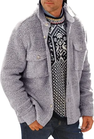 Runcati Mens Fuzzy Sherpa Fleece Jacket Casual Button Down Shacket Winter Lightweight Outwear with Pocket