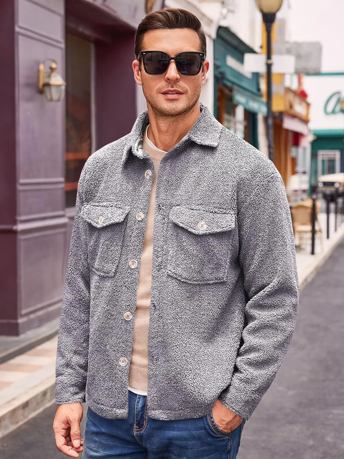 Runcati Mens Fuzzy Sherpa Fleece Jacket Casual Button Down Shacket Winter Lightweight Outwear with Pocket