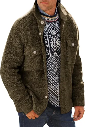 Runcati Mens Fuzzy Sherpa Fleece Jacket Casual Button Down Shacket Winter Lightweight Outwear with Pocket