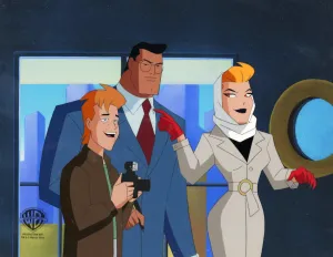 Superman the Animated Series Original Production Cel with Matching Drawing: Clark Kent, Jimmy, Volcana
